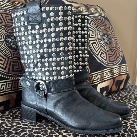 Stuart Weitzman Black Studded Moto Boots - Picture 2 of 13